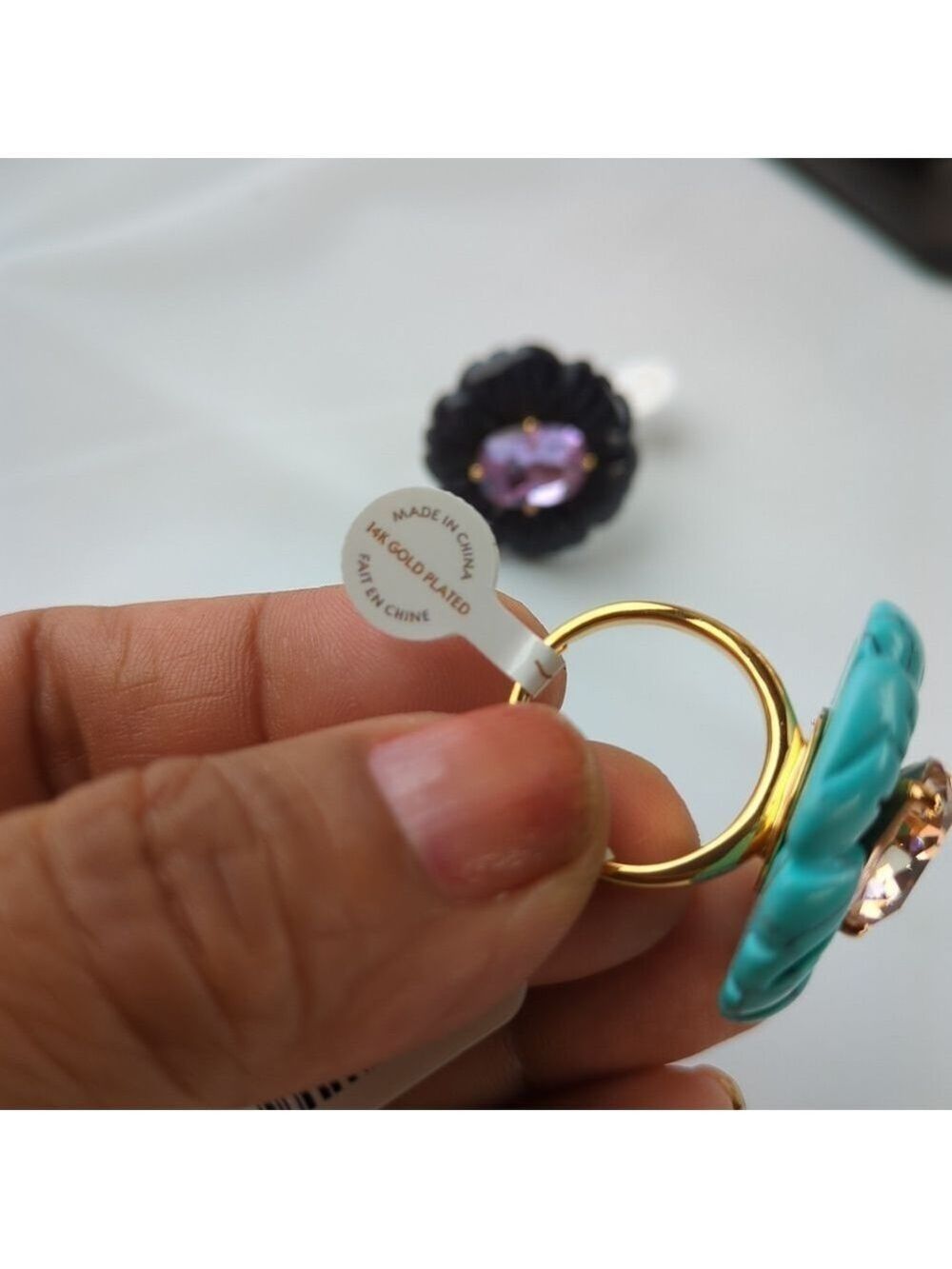 Anthropology 14k Gold Plated Floral Stone Ring Turquoise With Pink Crystal.  OS - Picture 7 of 7